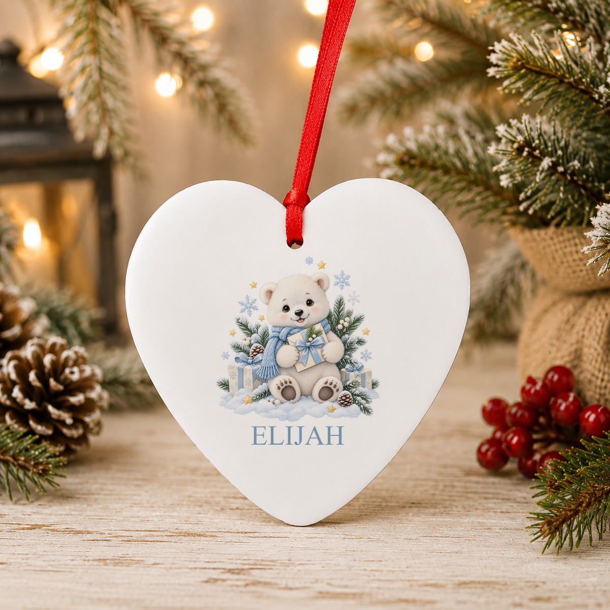 Personalised Polar Bear with Present Christmas heart decoration with a custom name