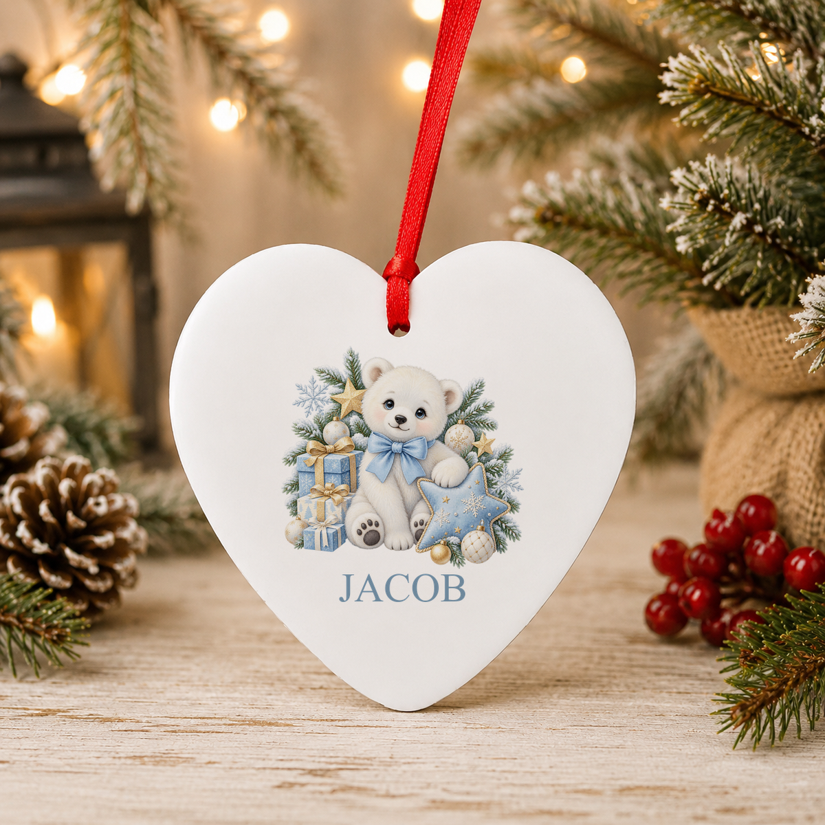 Personalised Polar Bear Blue Bow Christmas heart decoration with a custom name
