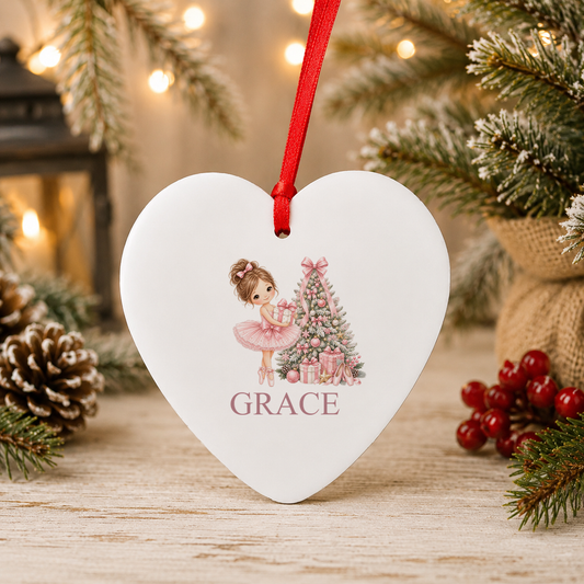 Personalised Pink Tree Ballerina Christmas heart decoration with a custom name