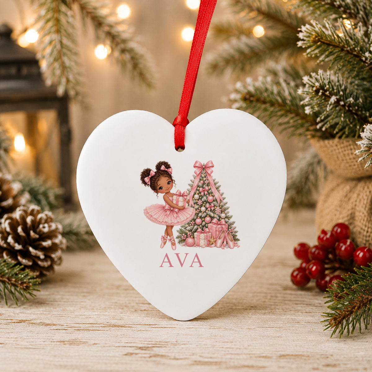 Personalised Curly Bun Ballerina Christmas heart decoration with a custom name