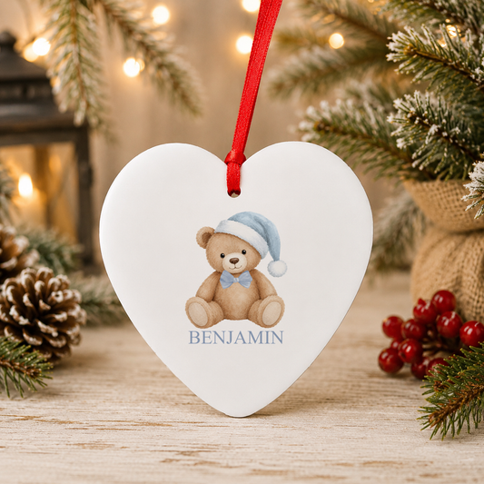 Personalised Blue Hat Teddy Christmas heart decoration with a custom name