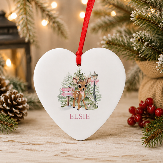 Personalised North Pole Fawn Pink Bow Christmas heart decoration with a custom name