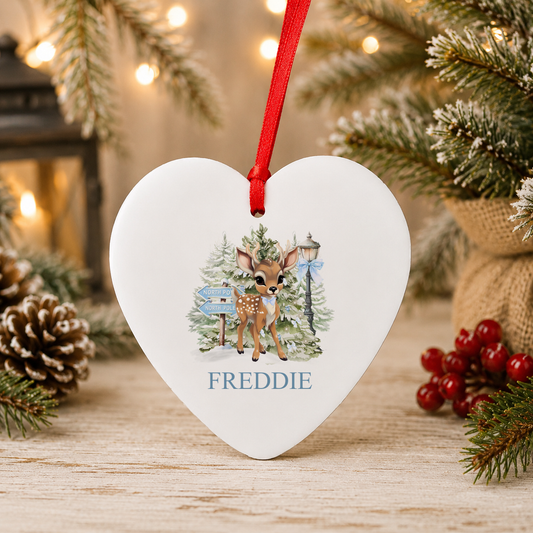 Personalised North Pole Fawn Blue Bow Christmas heart decoration with a custom name