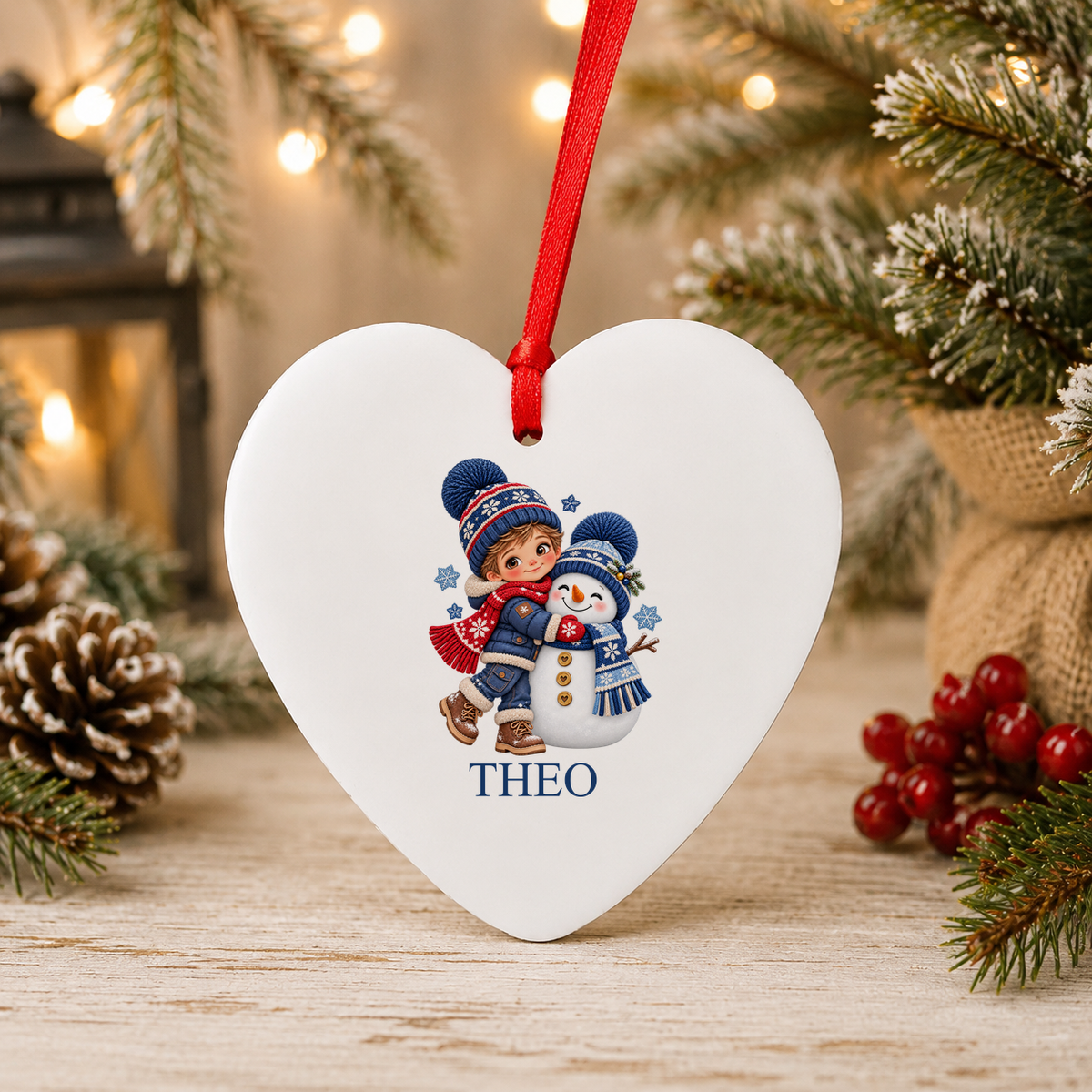 Personalised Boy Hugging Snowman Christmas heart decoration with a custom name