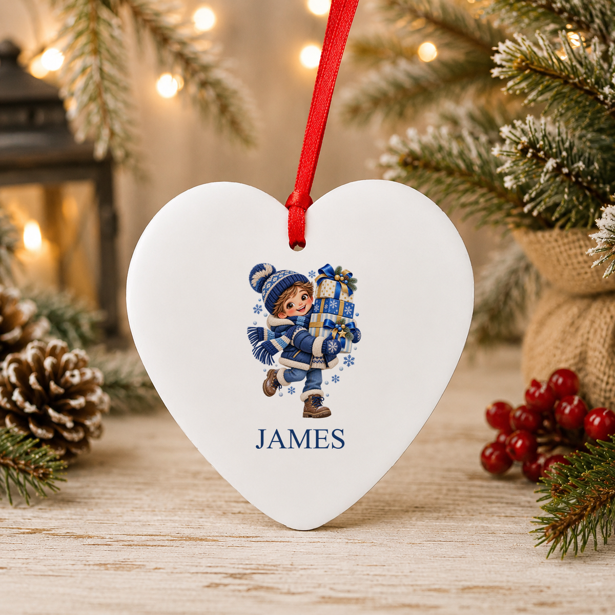Personalised Boy with Presents Christmas heart decoration with a custom name