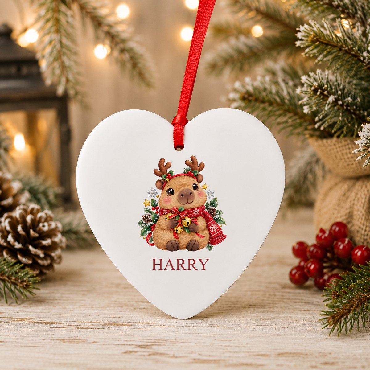 Personalised Capybara Reindeer Christmas heart decoration with a custom name