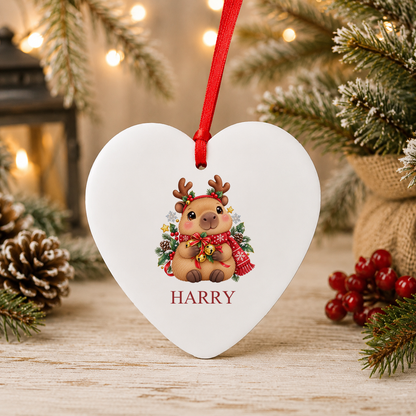 Personalised Capybara Reindeer Christmas heart decoration with a custom name