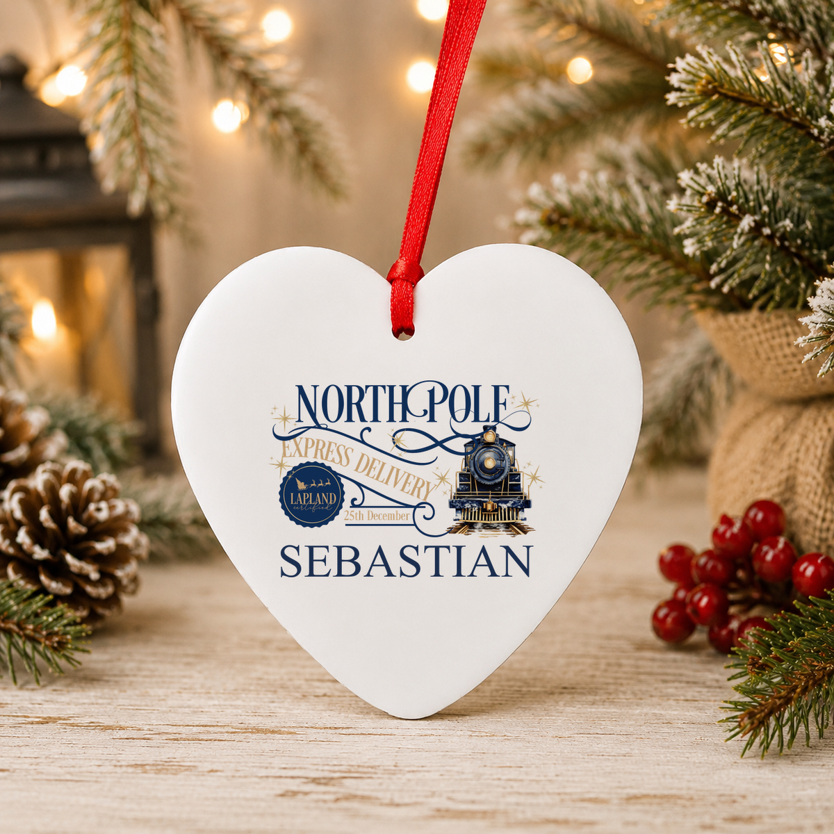 Personalised North Pole Express Navy Train Christmas heart decoration with a custom name