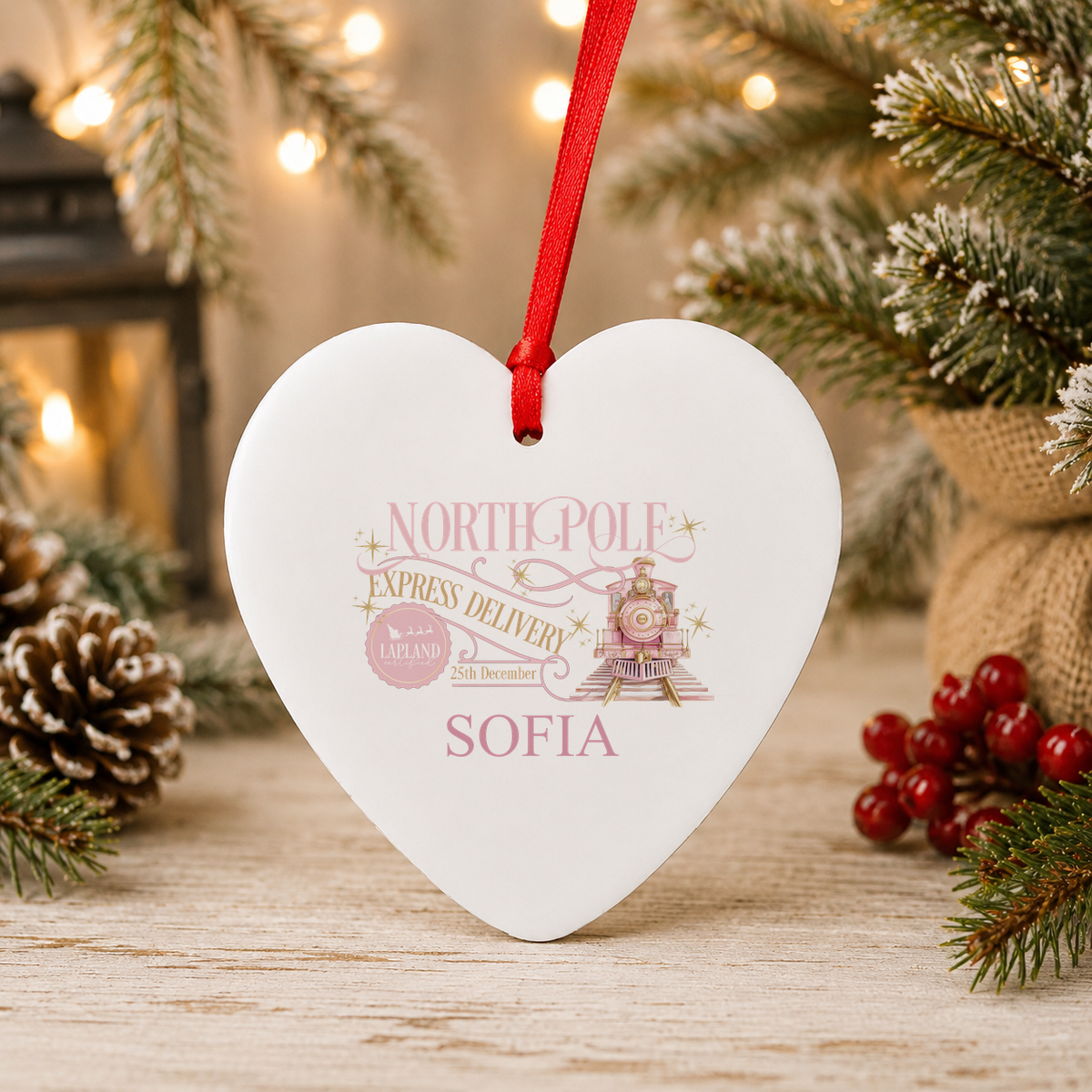 Personalised North Pole Express Pink Train Christmas heart decoration with a custom name
