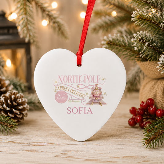 Personalised North Pole Express Pink Train Christmas heart decoration with a custom name