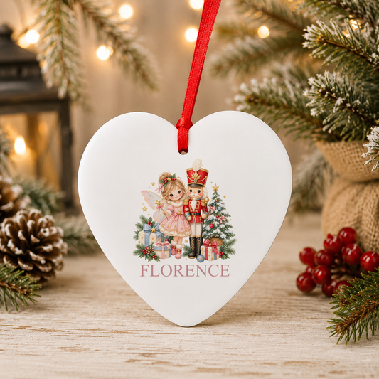 Personalised Fairy and Nutcracker Christmas heart decoration with a custom name