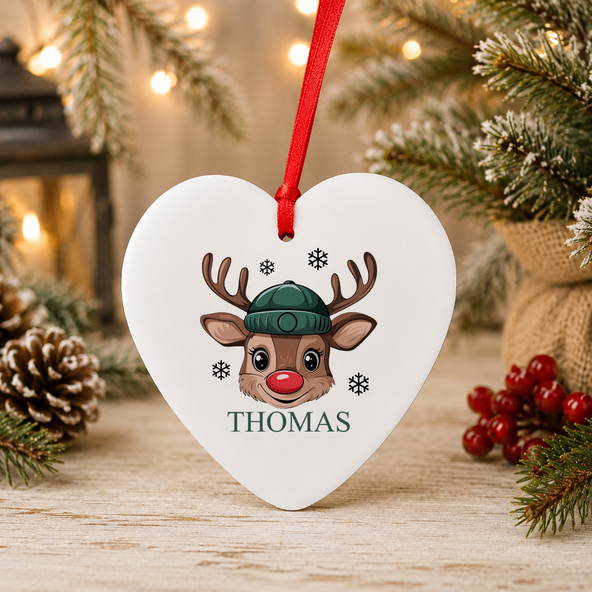 Personalised Reindeer Face Beanie Christmas heart decoration with a custom name