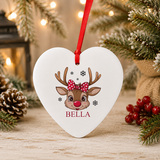 Personalised Reindeer Face Polka Bow Christmas heart decoration with a custom name