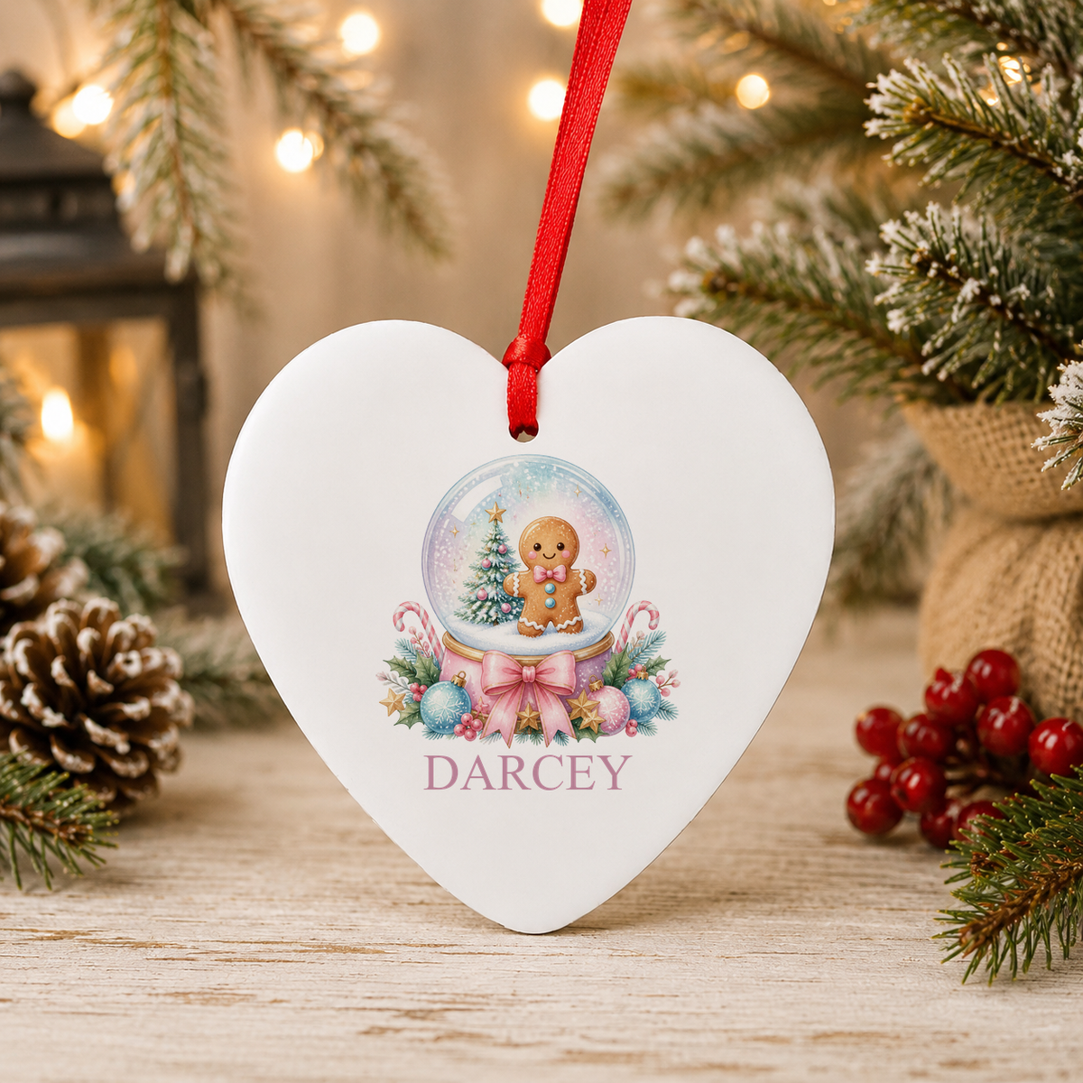 Personalised Gingerbread Snow Globe Christmas heart decoration with a custom name