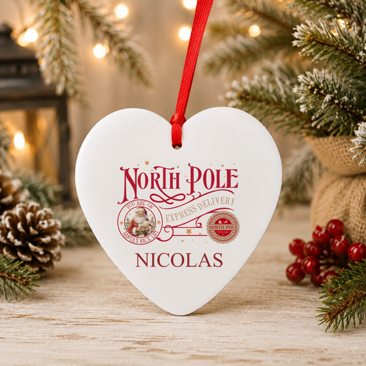 Personalised North Pole Express Santa Stamp Christmas heart decoration with a custom name