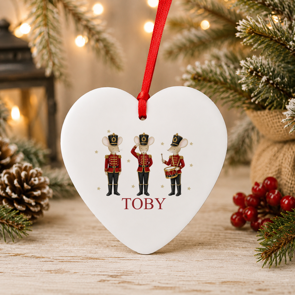 Personalised Nutcracker Mice Christmas heart decoration with a custom name