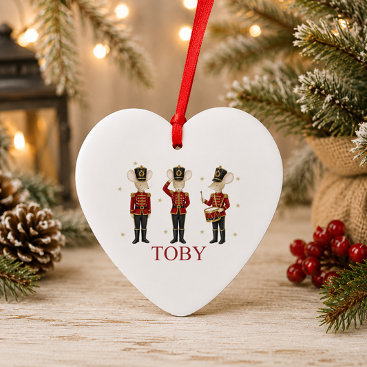 Personalised Nutcracker Mice Christmas heart decoration with a custom name
