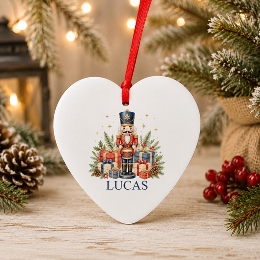 Personalised Nutcracker Drummer Christmas heart decoration with a custom name
