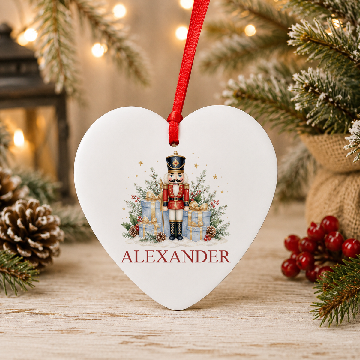 Personalised Nutcracker Soldier and Gifts Christmas heart decoration with a custom name