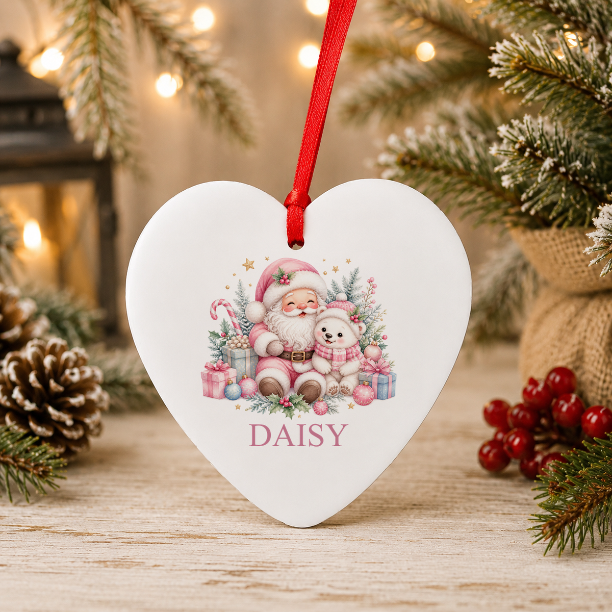 Personalised Pink Santa and Polar Bear Christmas heart decoration with a custom name
