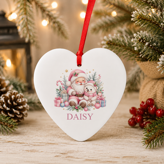 Personalised Pink Santa and Polar Bear Christmas heart decoration with a custom name