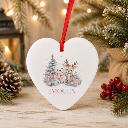 Personalised Polar Bear and Fawn Friends Christmas heart decoration with a custom name