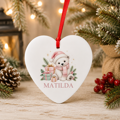 Personalised Polar Bear Cub Santa Hat Christmas heart decoration with a custom name