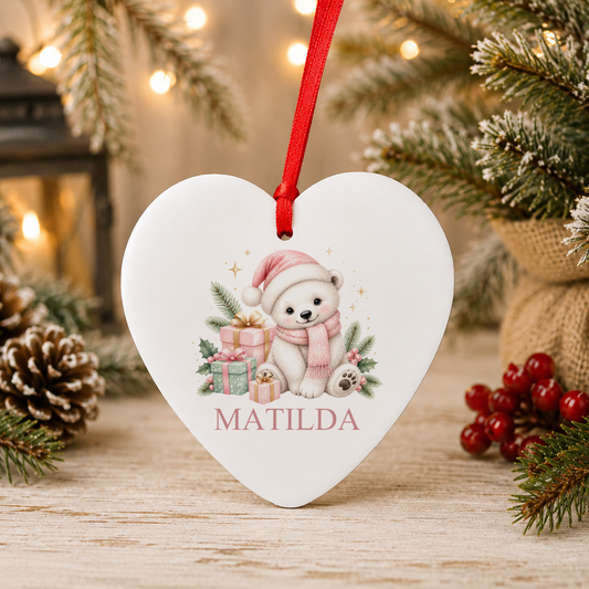 Personalised Polar Bear Cub Santa Hat Christmas heart decoration with a custom name