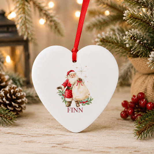 Personalised Vintage Father Christmas Christmas heart decoration with a custom name