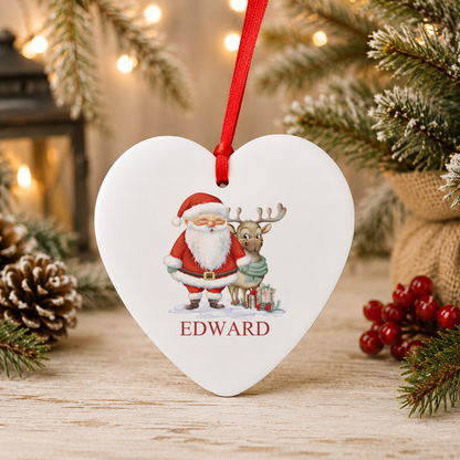 Personalised Santa and Reindeer Christmas heart decoration with a custom name