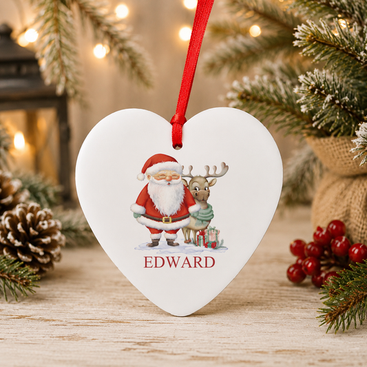 Personalised Santa and Reindeer Christmas heart decoration with a custom name