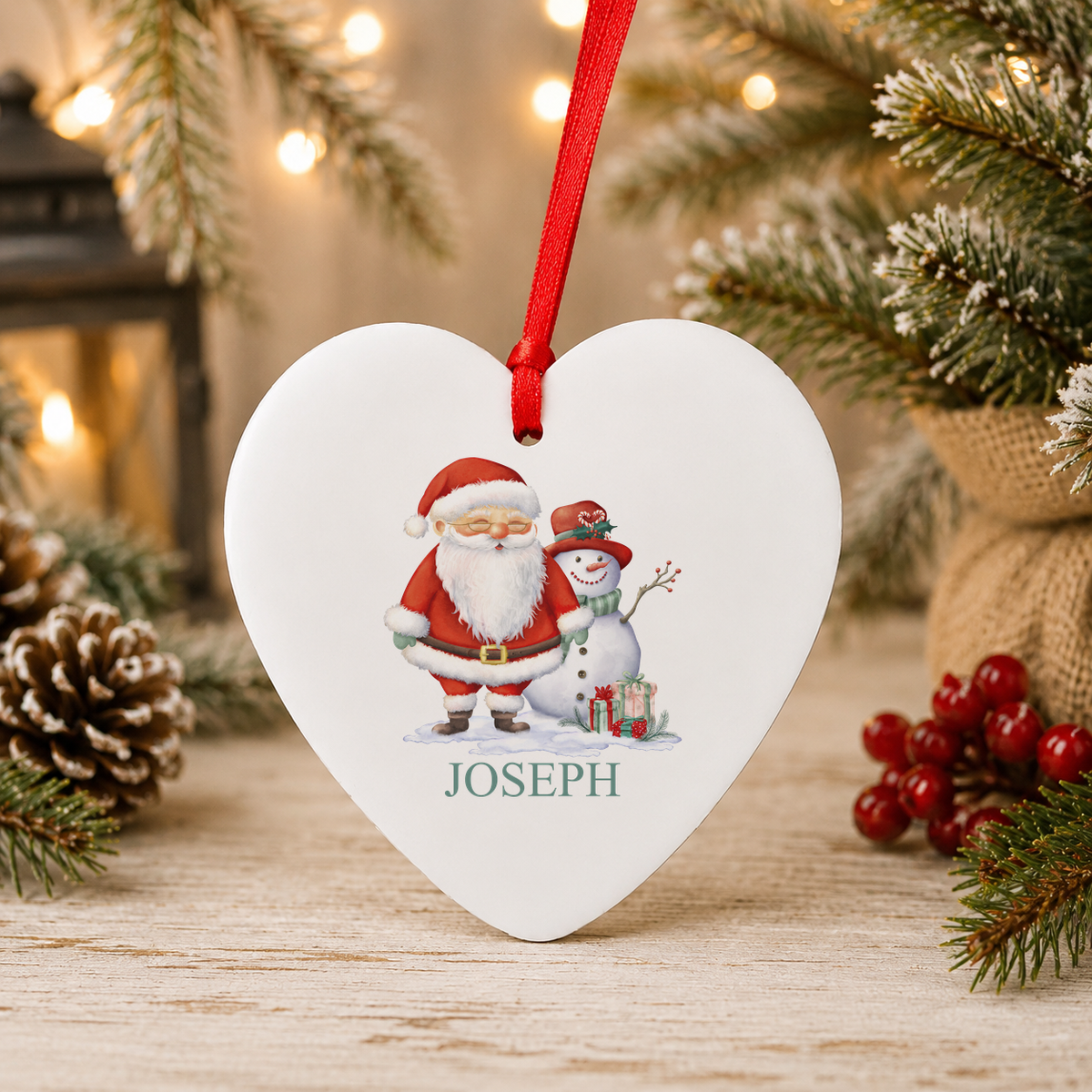 Personalised Santa and Snowman Christmas heart decoration with a custom name