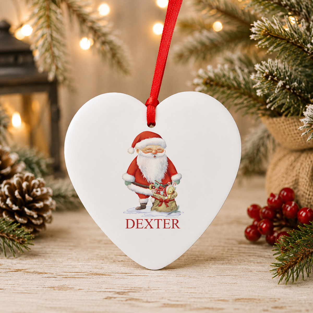 Personalised Santa and Toy Sack Christmas heart decoration with a custom name