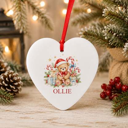 Personalised Candy Cane Teddy Christmas heart decoration with a custom name