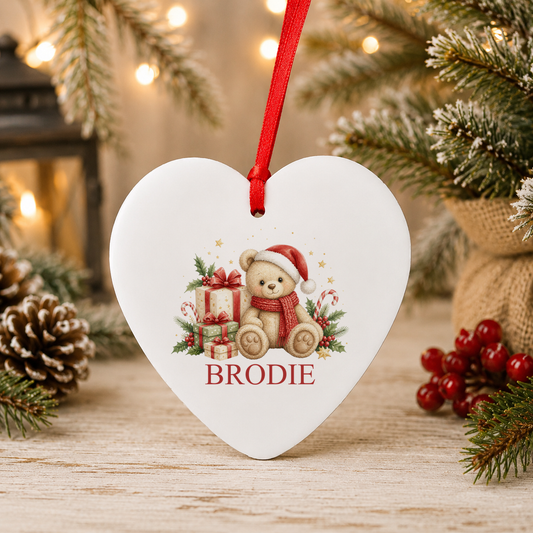 Personalised Cosy Scarf Teddy Christmas heart decoration with a custom name