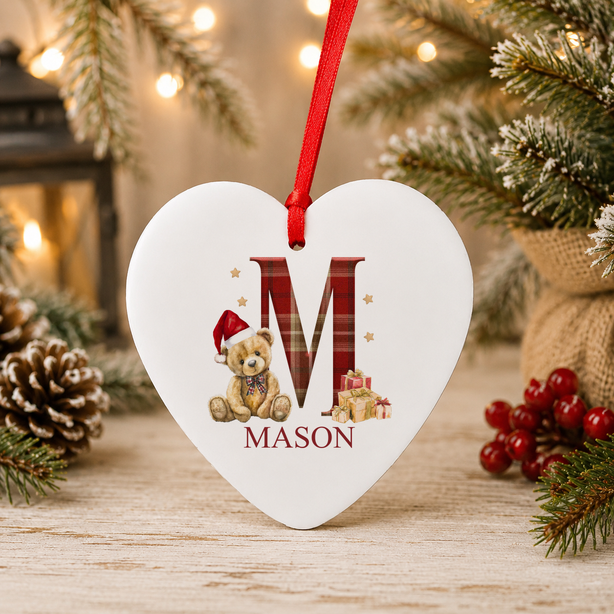 Personalised Tartan Initial Teddy Christmas heart decoration with a custom name