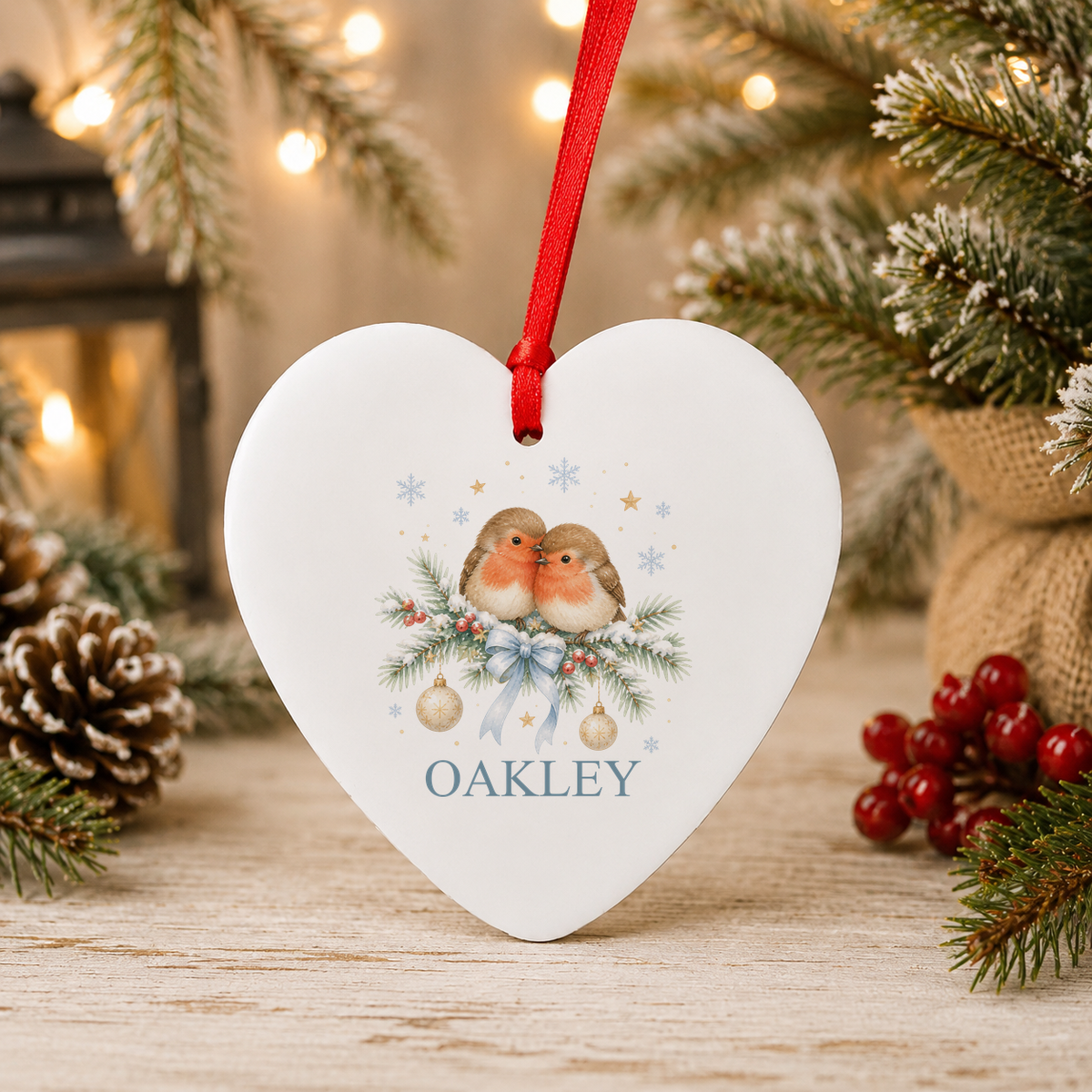 Personalised Two Robins Christmas heart decoration with a custom name