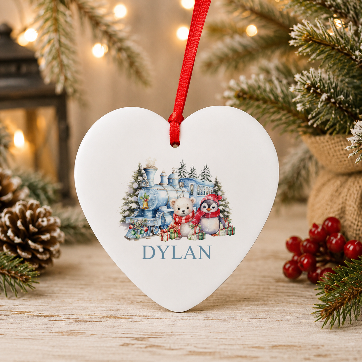 Personalised Winter Christmas Train Christmas heart decoration with a custom name