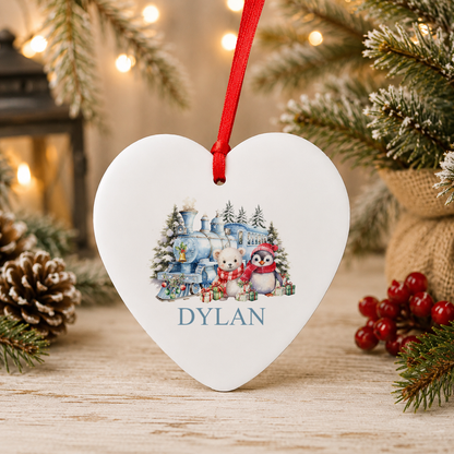 Personalised Winter Christmas Train Christmas heart decoration with a custom name