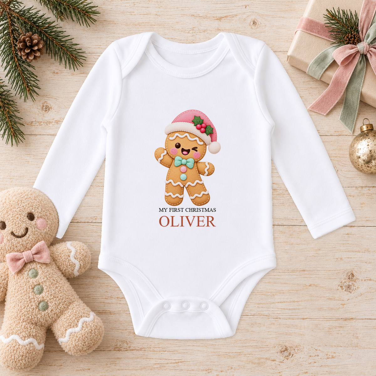 Personalised Gingerbread Santa Hat baby long sleeve vest with a custom name
