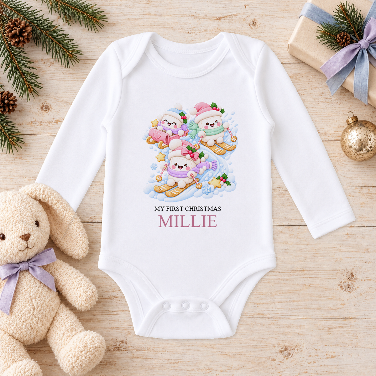 Personalised Snowman Ski Day baby long sleeve vest with a custom name