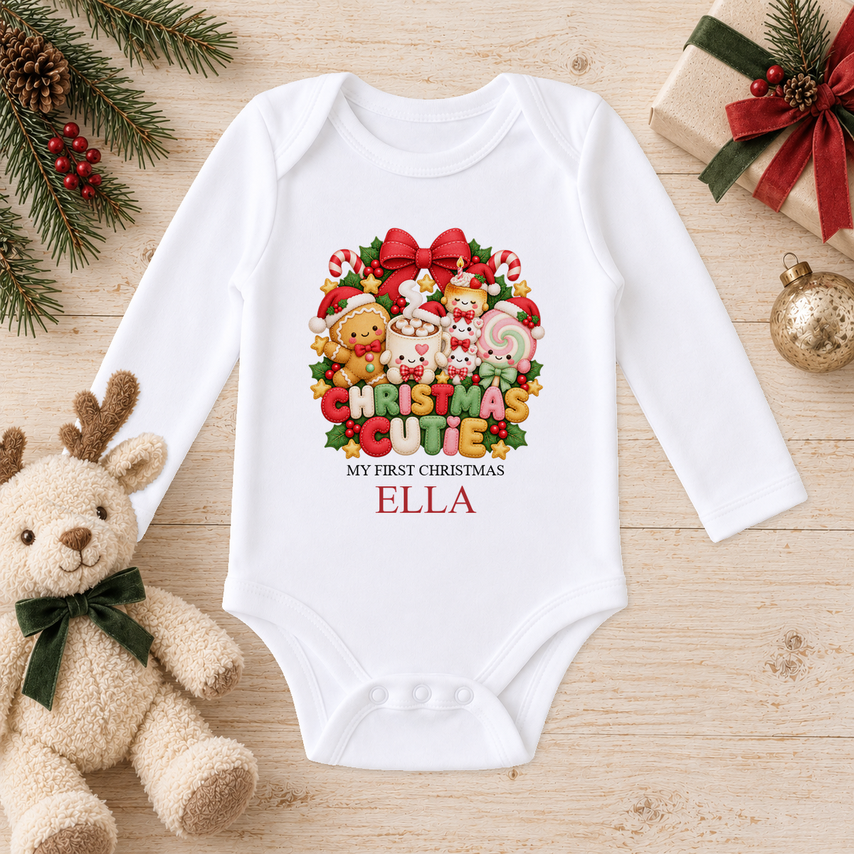 Personalised Christmas Cutie baby long sleeve vest with a custom name