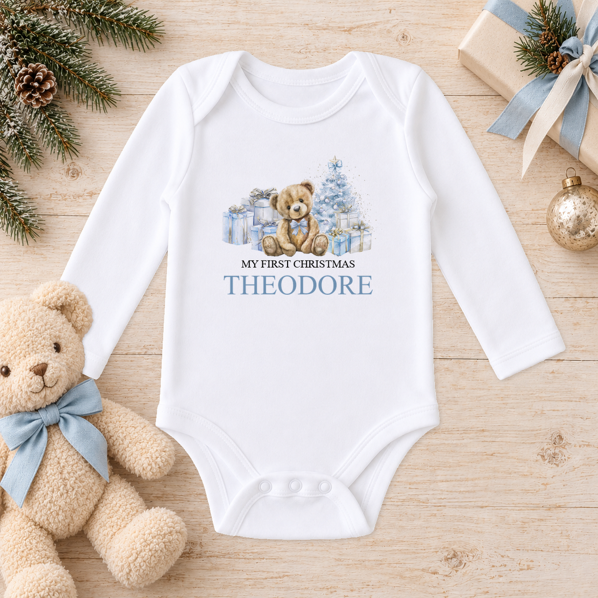 Personalised Blue Teddy and Presents baby long sleeve vest with a custom name
