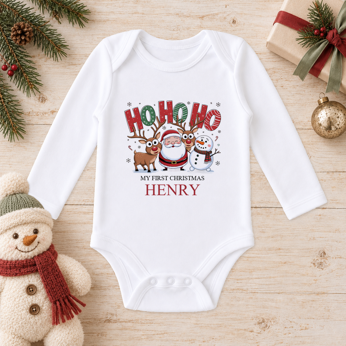 Personalised Ho Ho Ho baby long sleeve vest with a custom name