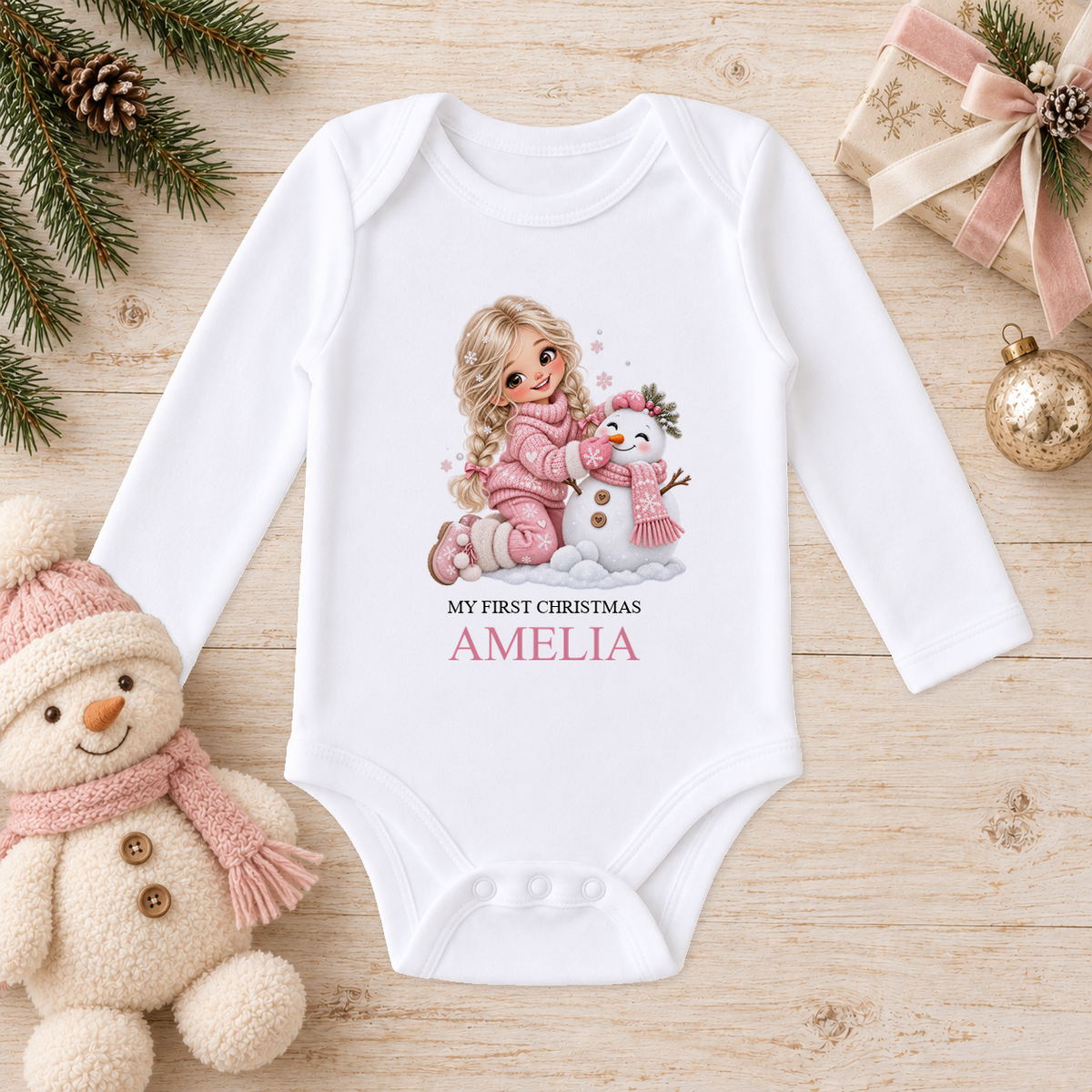 Personalised Blonde Girl and Snowman baby long sleeve vest with a custom name