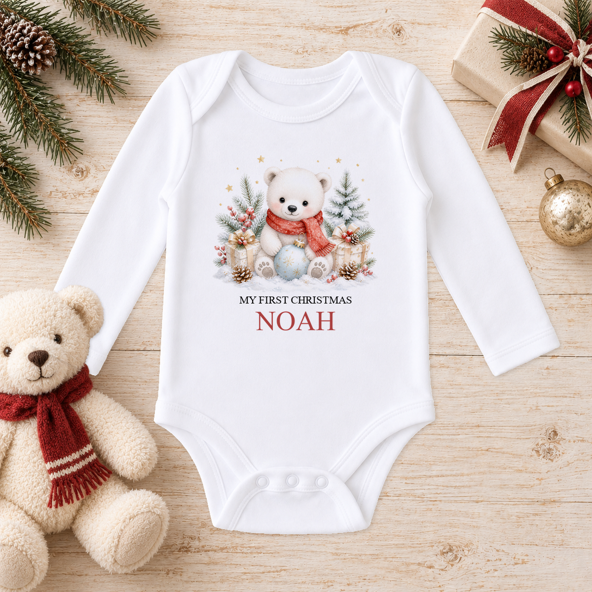 Personalised Polar Bear in Red Scarf baby long sleeve vest with a custom name