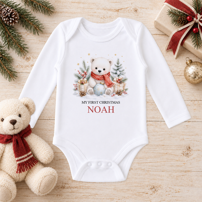 Personalised Polar Bear in Red Scarf baby long sleeve vest with a custom name