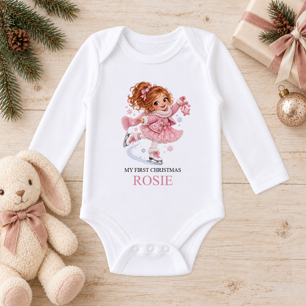 Personalised Ice Skating Girl baby long sleeve vest with a custom name