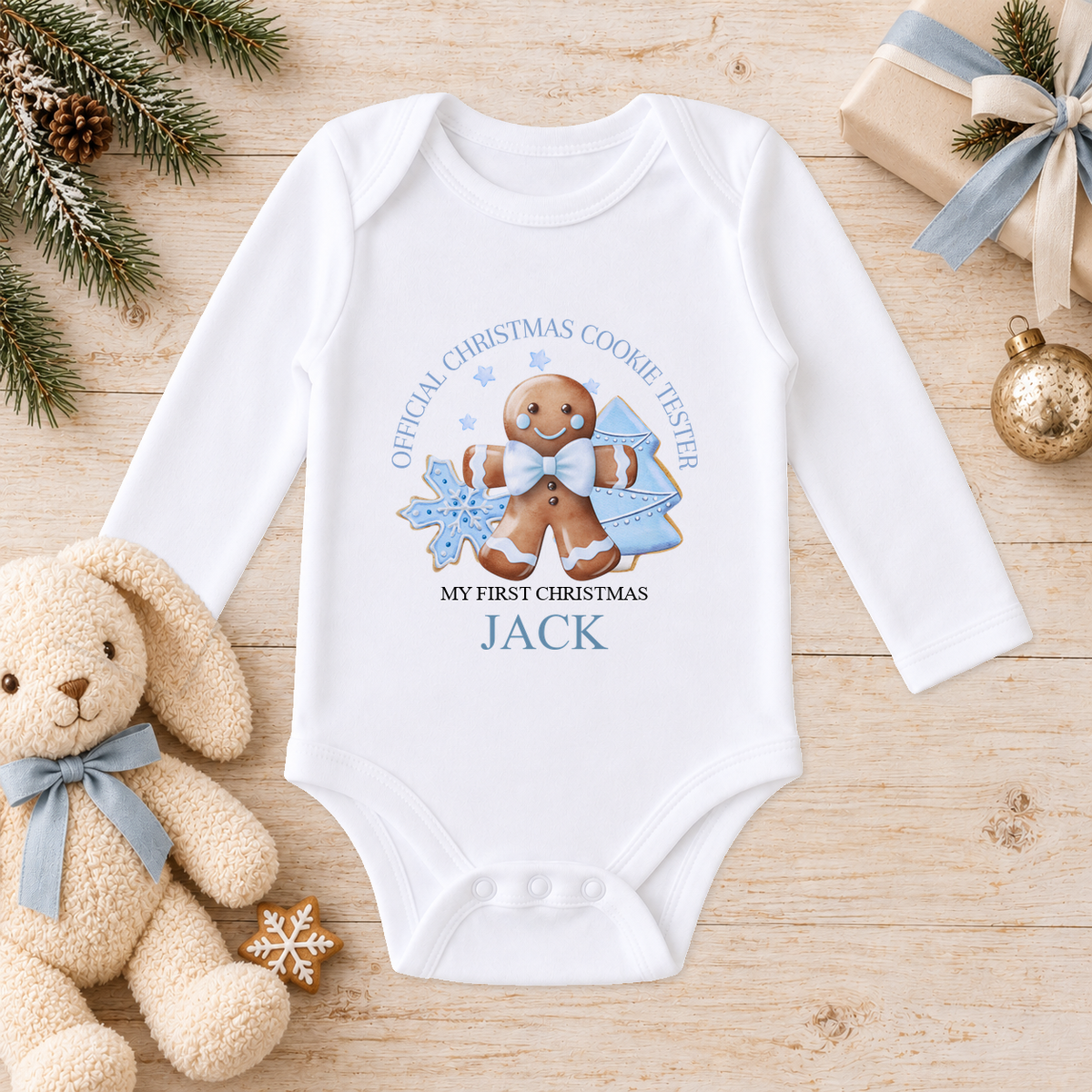 Personalised Blue Cookie Tester baby long sleeve vest with a custom name