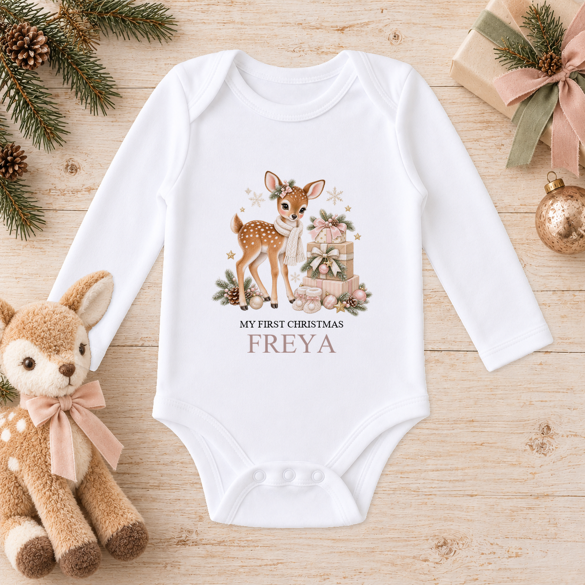Personalised Fawn and Gift Stack baby long sleeve vest with a custom name